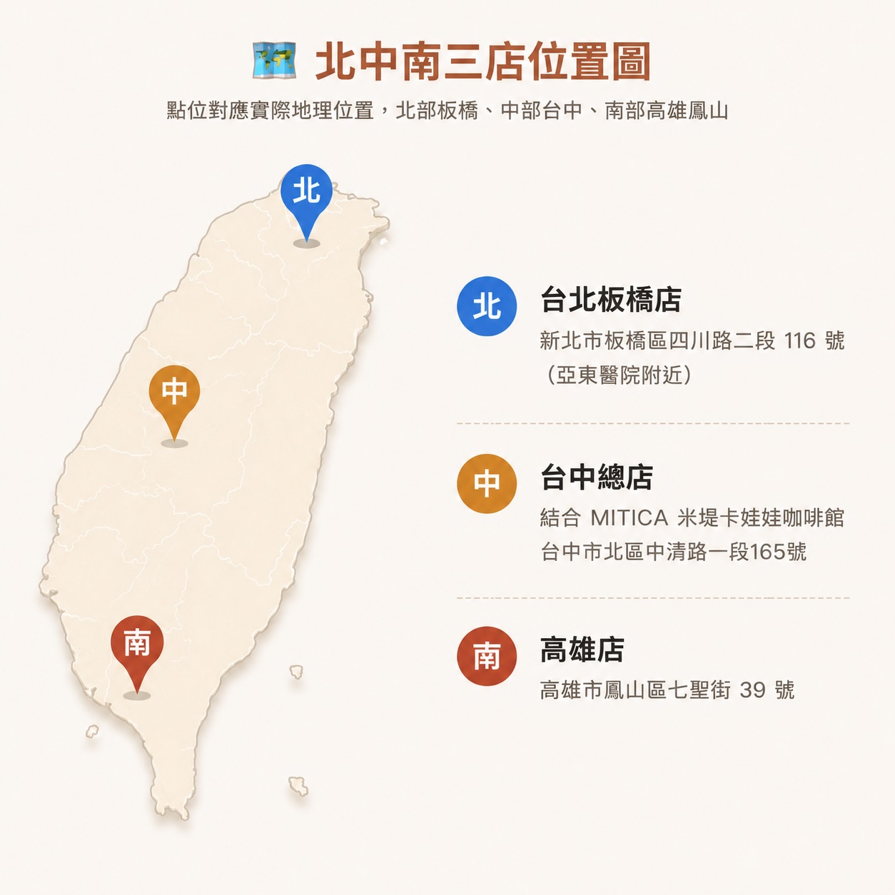 KD人形美術館北中南三店分布圖｜台中・高雄鳳山・台北板橋